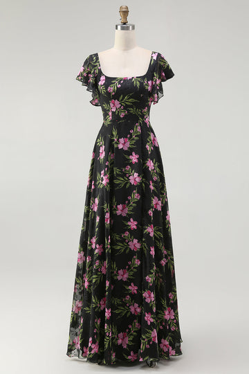 Black Pink Flower A-Line Square Neck Printed Long Bridesmaid Dress with Flutter Sleeves